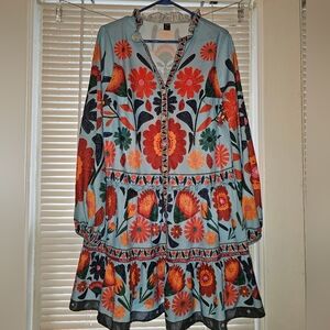 SHEIN Light Blue Long Sleeve Floral Tiered Dress with Orange & Red Blooms